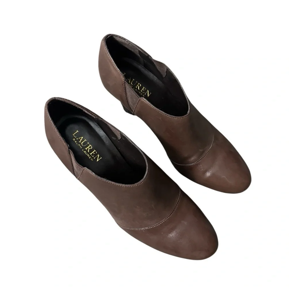 Lauren Ralph Lauren Brittni Brown Leather Ankle Booties Heels Womens Sz 8.5 B